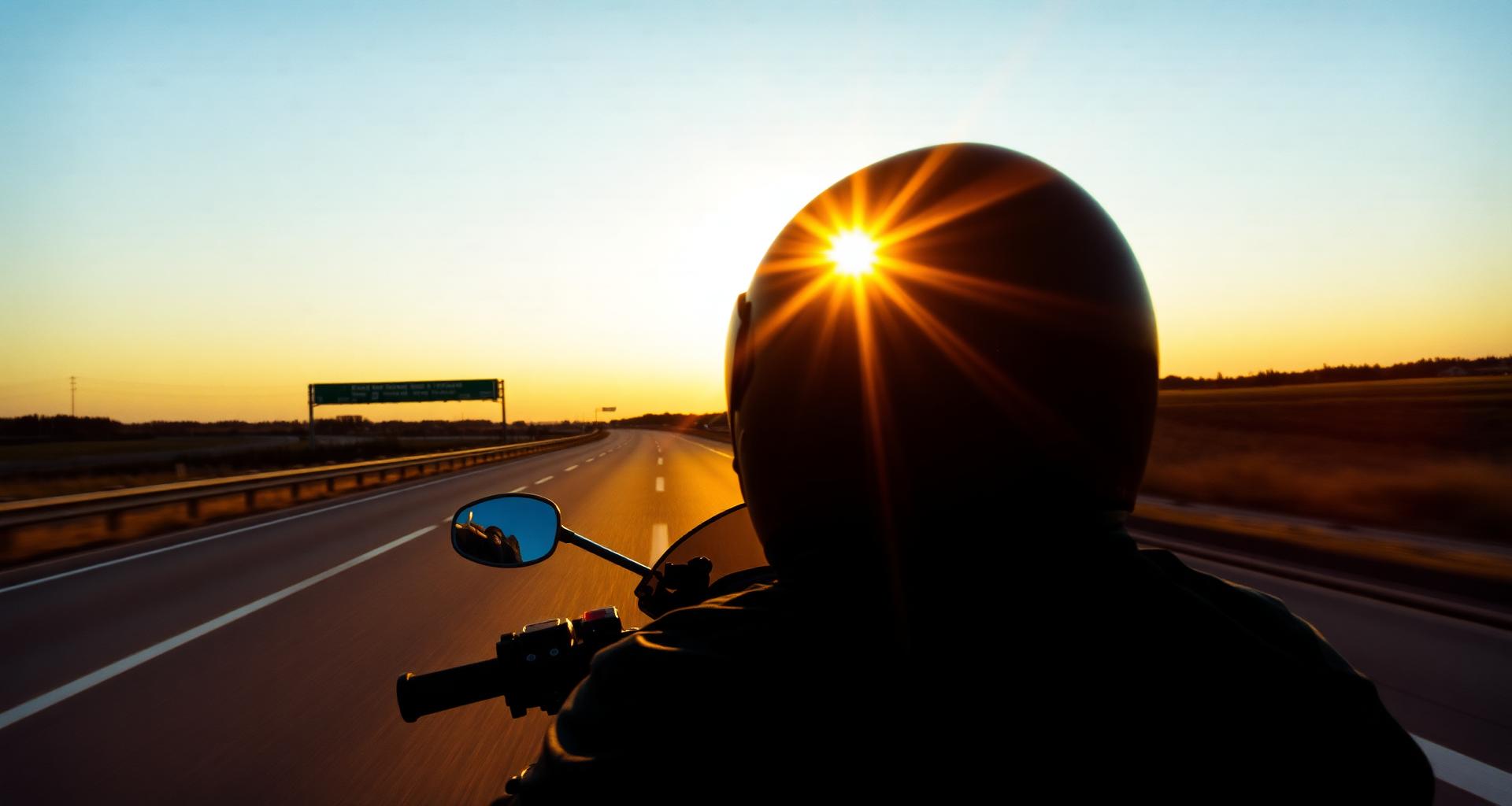 Motocyklista w trasie z czystą szybą o zachodzie słońca