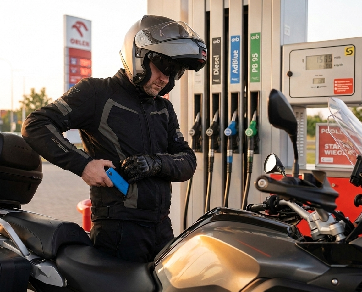 Motocyklista przy stacji benzynowej z telefonem w dłoni